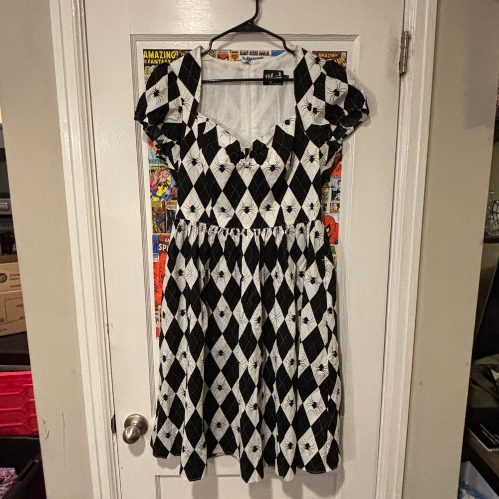 SOLD Hell Bunny Black & White Argyle Spider Print Regina Dress - Large UK14